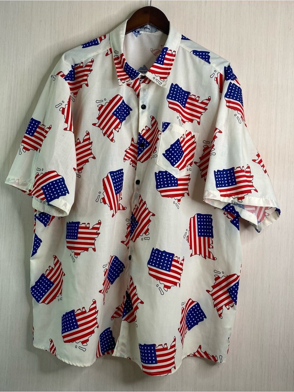 VatPave Men's Short-Sleeve Patriotic Print Button-Up Shirt White/Red/Blue XXXL